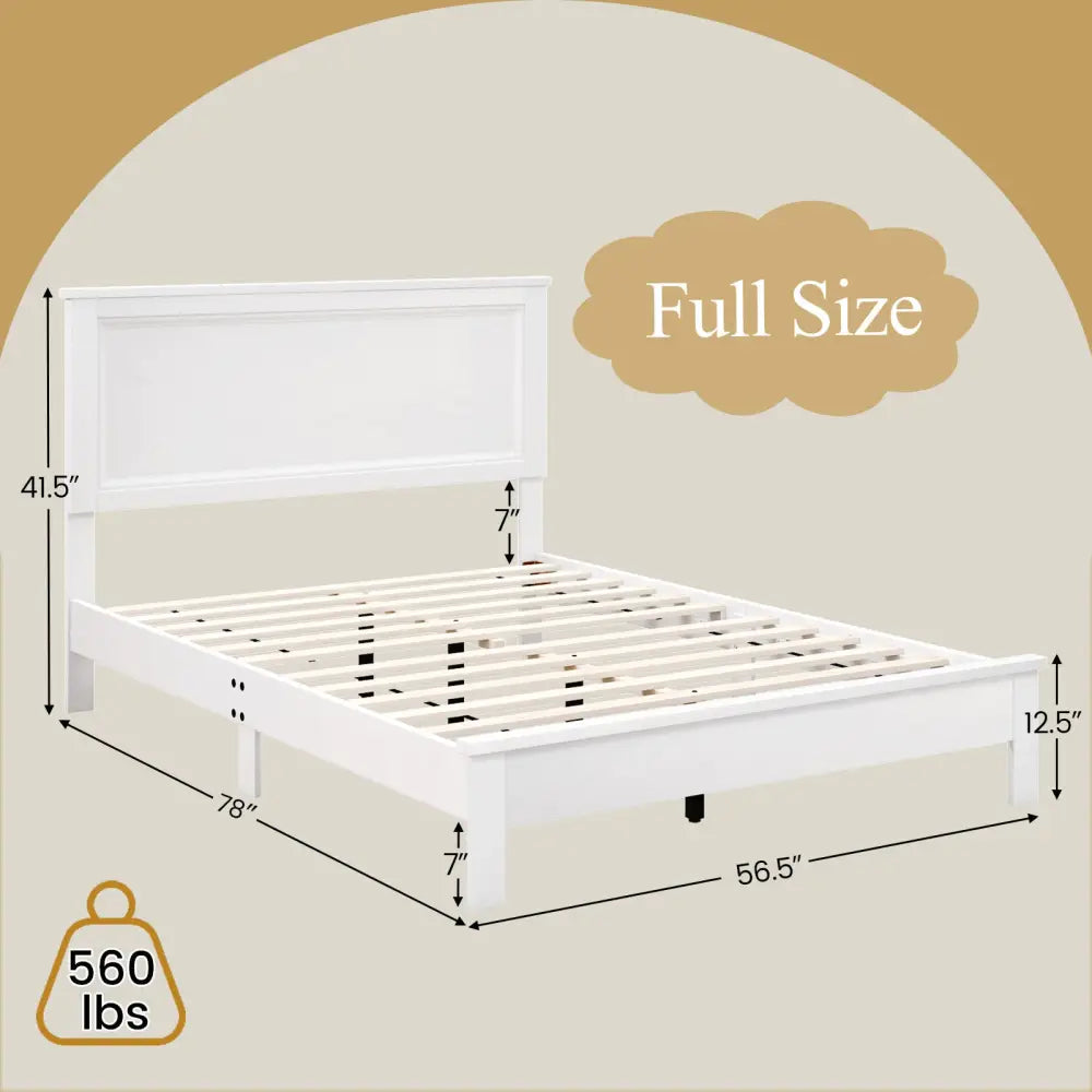 Full Size Platform Slat Bed Frame with High Headboard-White - White - Simple Bed Frame