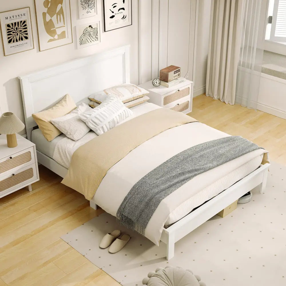 Full Size Platform Slat Bed Frame with High Headboard-White - White - Simple Bed Frame