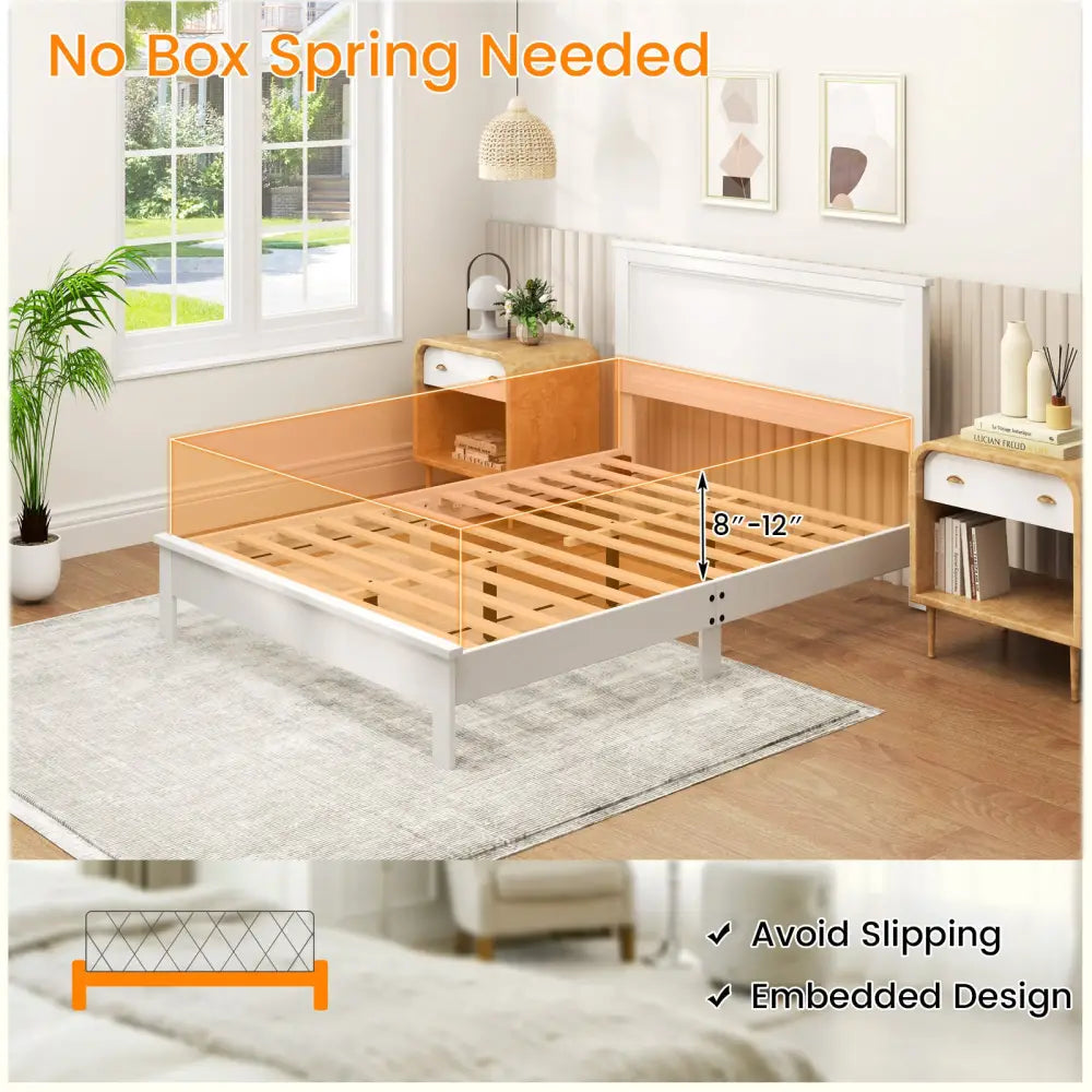 Full Size Platform Slat Bed Frame with High Headboard-White - White - Simple Bed Frame