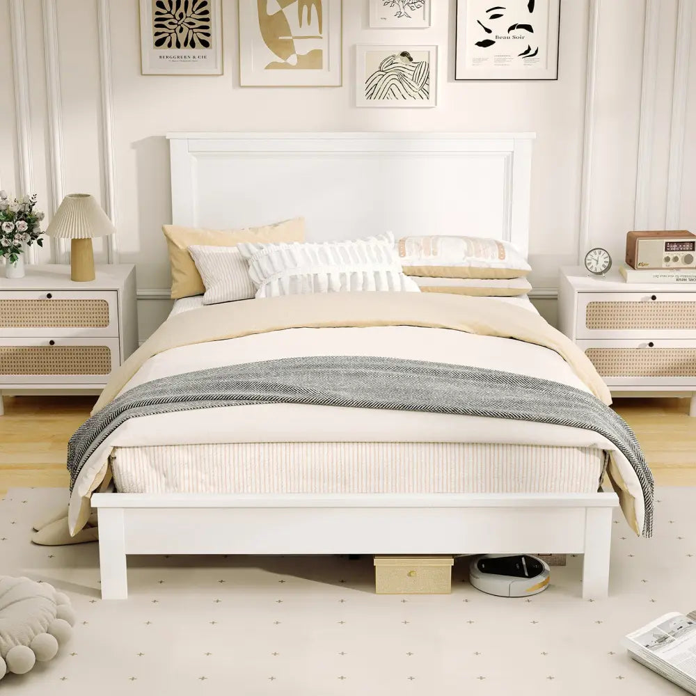 Full Size Platform Slat Bed Frame with High Headboard-White - White - Simple Bed Frame