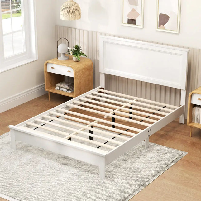 Full Size Platform Slat Bed Frame with High Headboard-White - White - Simple Bed Frame