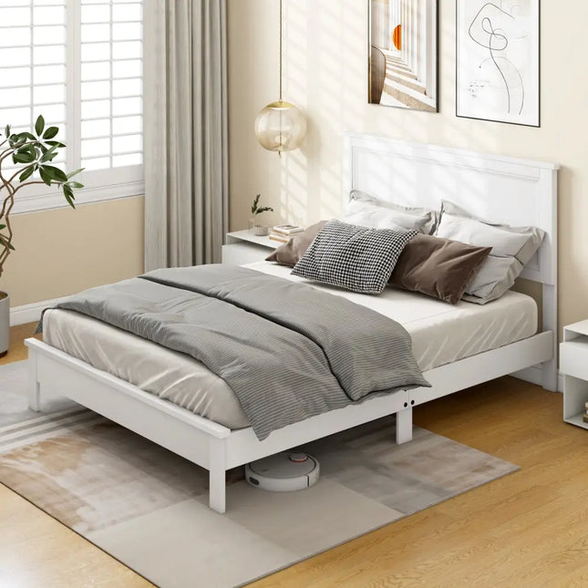Full Size Platform Slat Bed Frame with High Headboard-White - White - Simple Bed Frame