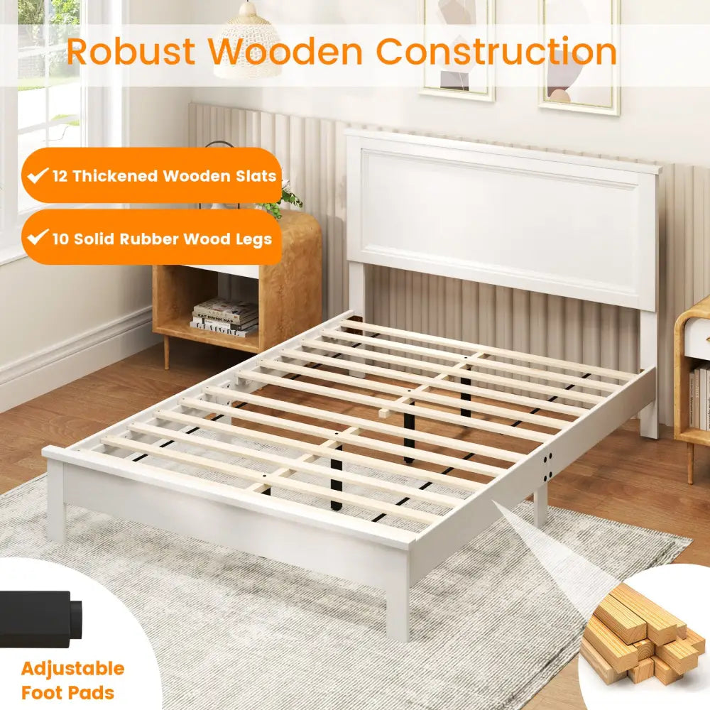 Full Size Platform Slat Bed Frame with High Headboard-White - White - Simple Bed Frame