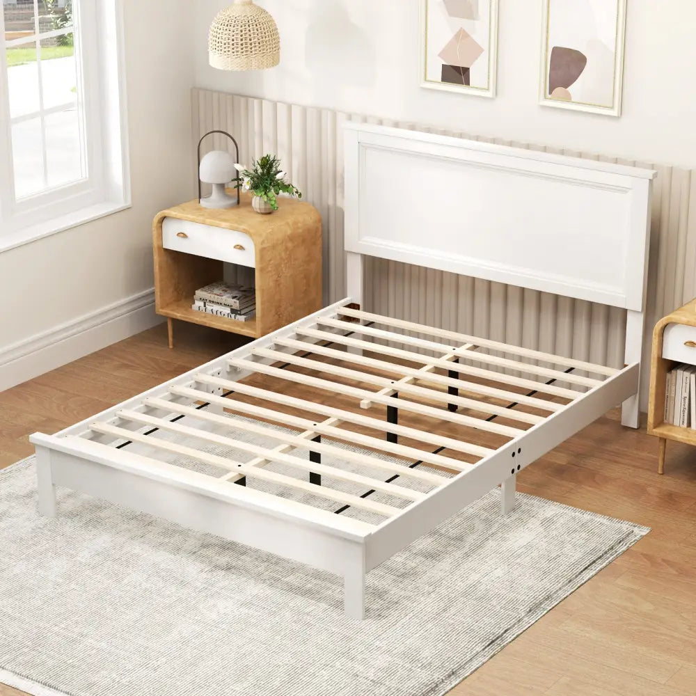 Full Size Platform Slat Bed Frame with High Headboard-White - White - Simple Bed Frame