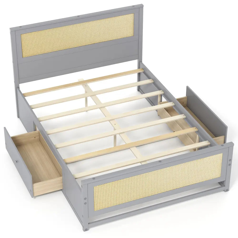 Full Size Rattan Bed Frame with Storage Drawers-Gray - Gray - Trundle Bed Frame