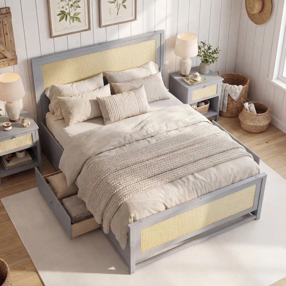 Full Size Rattan Bed Frame with Storage Drawers-Gray - Gray - Trundle Bed Frame