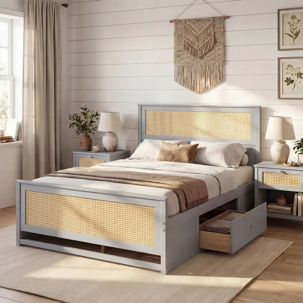 Full Size Rattan Bed Frame with Storage Drawers-Gray - Gray - Trundle Bed Frame