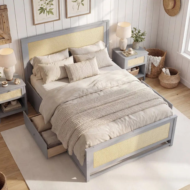 Full Size Rattan Bed Frame with Storage Drawers-Gray - Gray - Trundle Bed Frame