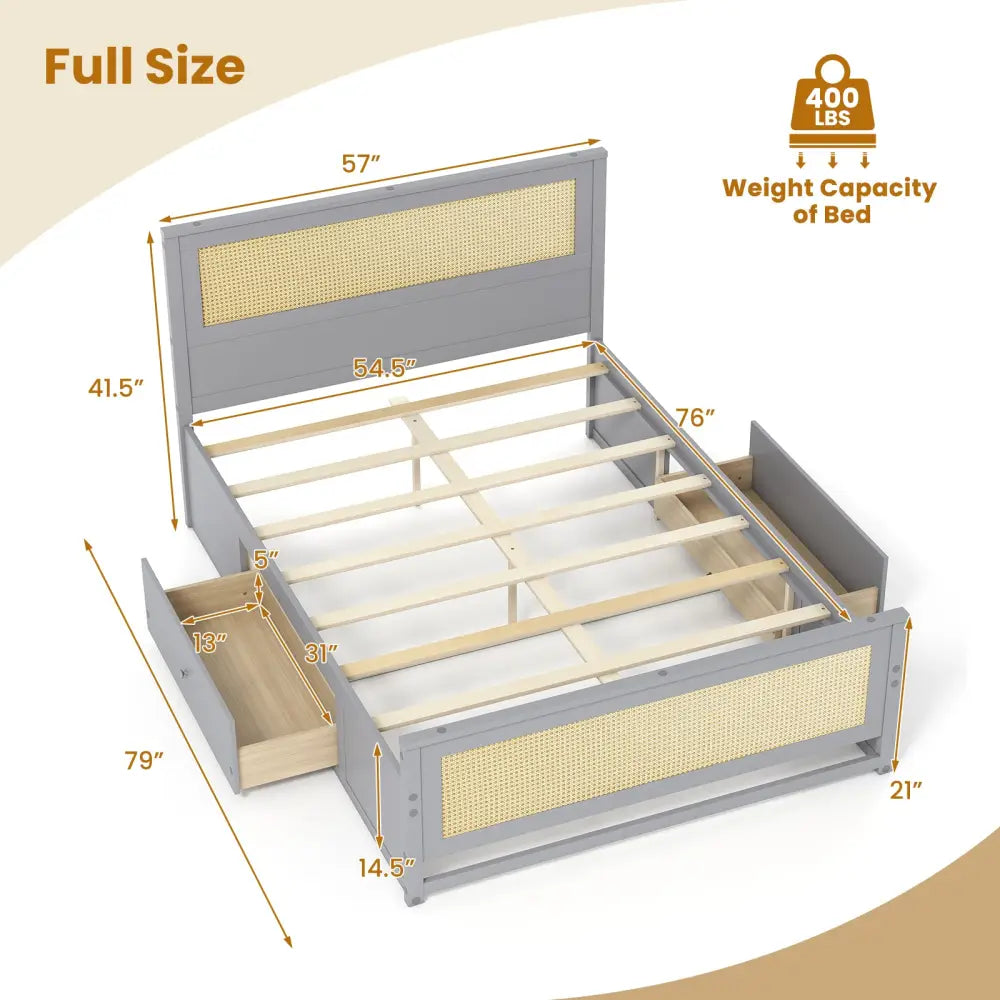 Full Size Rattan Bed Frame with Storage Drawers-Gray - Gray - Trundle Bed Frame