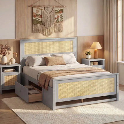 Full Size Rattan Bed Frame with Storage Drawers-Gray - Gray - Trundle Bed Frame
