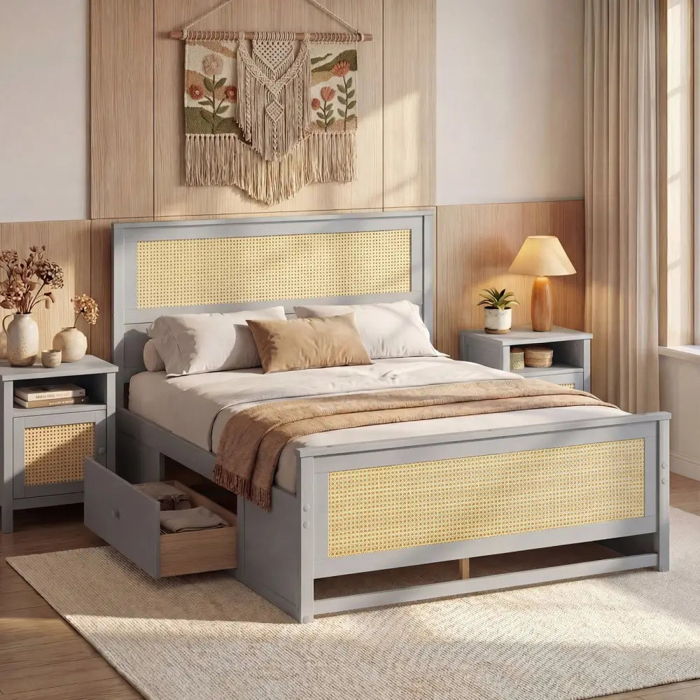 Full Size Rattan Bed Frame with Storage Drawers-Gray - Gray - Trundle Bed Frame