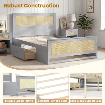 Full Size Rattan Bed Frame with Storage Drawers-Gray - Gray - Trundle Bed Frame