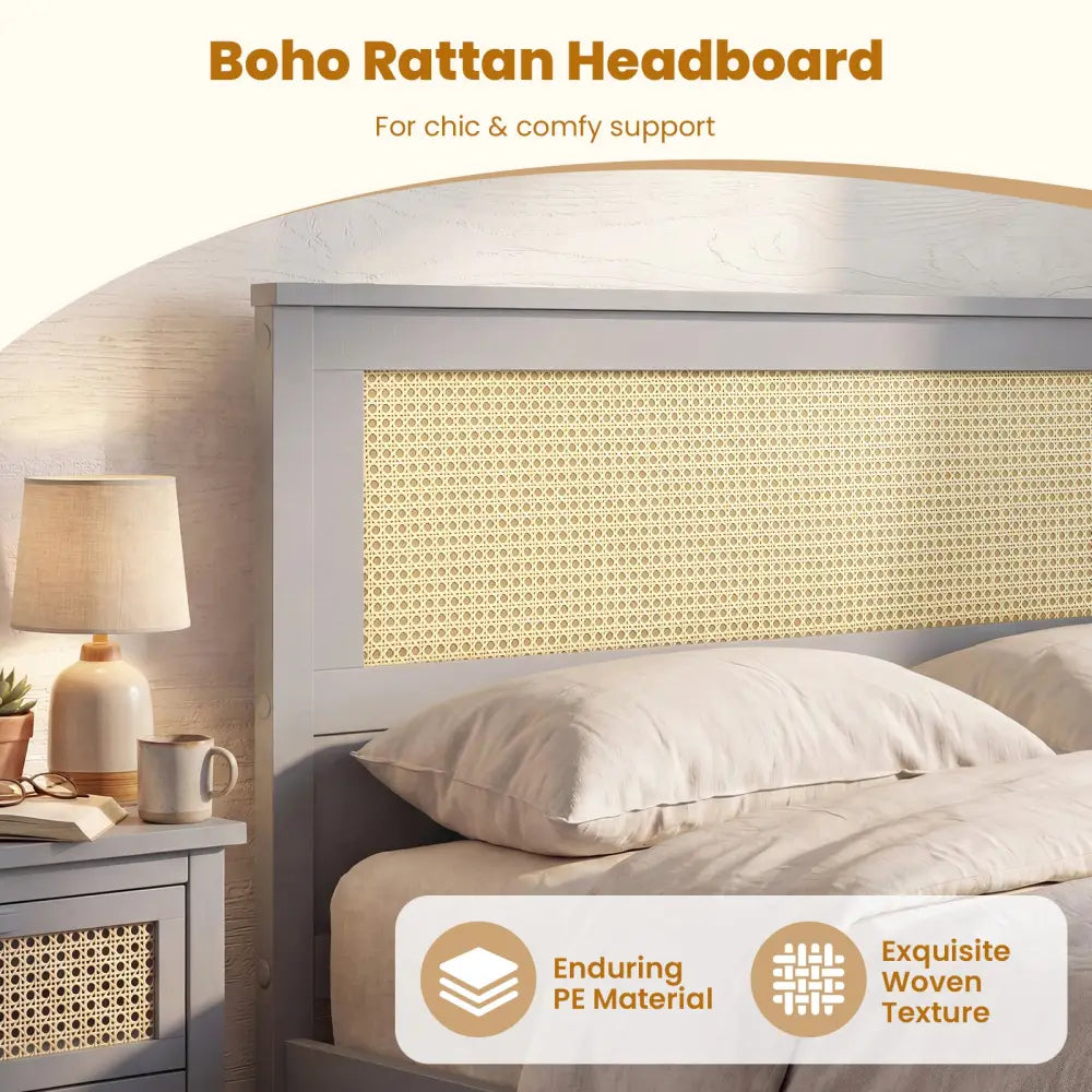 Full Size Rattan Bed Frame with Storage Drawers-Gray - Gray - Trundle Bed Frame