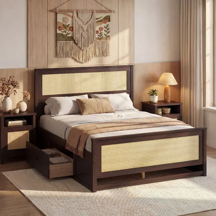 Full Size Rattan Bed Frame with Storage Drawers-Rustic Brown - Rustic Brown - Trundle Bed Frame