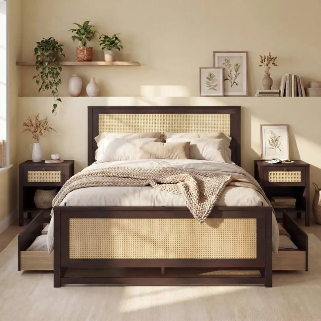 Full Size Rattan Bed Frame with Storage Drawers-Rustic Brown - Rustic Brown - Trundle Bed Frame