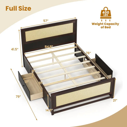 Full Size Rattan Bed Frame with Storage Drawers-Rustic Brown - Rustic Brown - Trundle Bed Frame