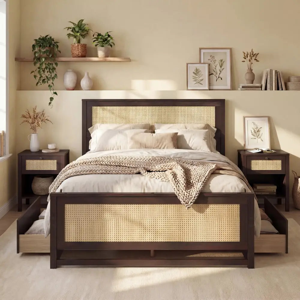 Full Size Rattan Bed Frame with Storage Drawers-Rustic Brown - Rustic Brown - Trundle Bed Frame