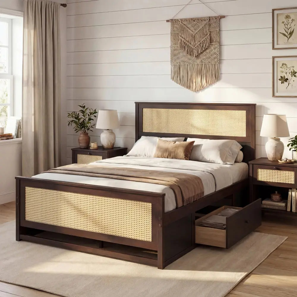 Full Size Rattan Bed Frame with Storage Drawers-Rustic Brown - Rustic Brown - Trundle Bed Frame