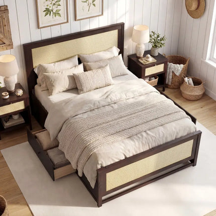 Full Size Rattan Bed Frame with Storage Drawers-Rustic Brown - Rustic Brown - Trundle Bed Frame