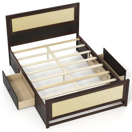 Full Size Rattan Bed Frame with Storage Drawers-Rustic Brown - Rustic Brown - Trundle Bed Frame
