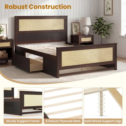 Full Size Rattan Bed Frame with Storage Drawers-Rustic Brown - Rustic Brown - Trundle Bed Frame