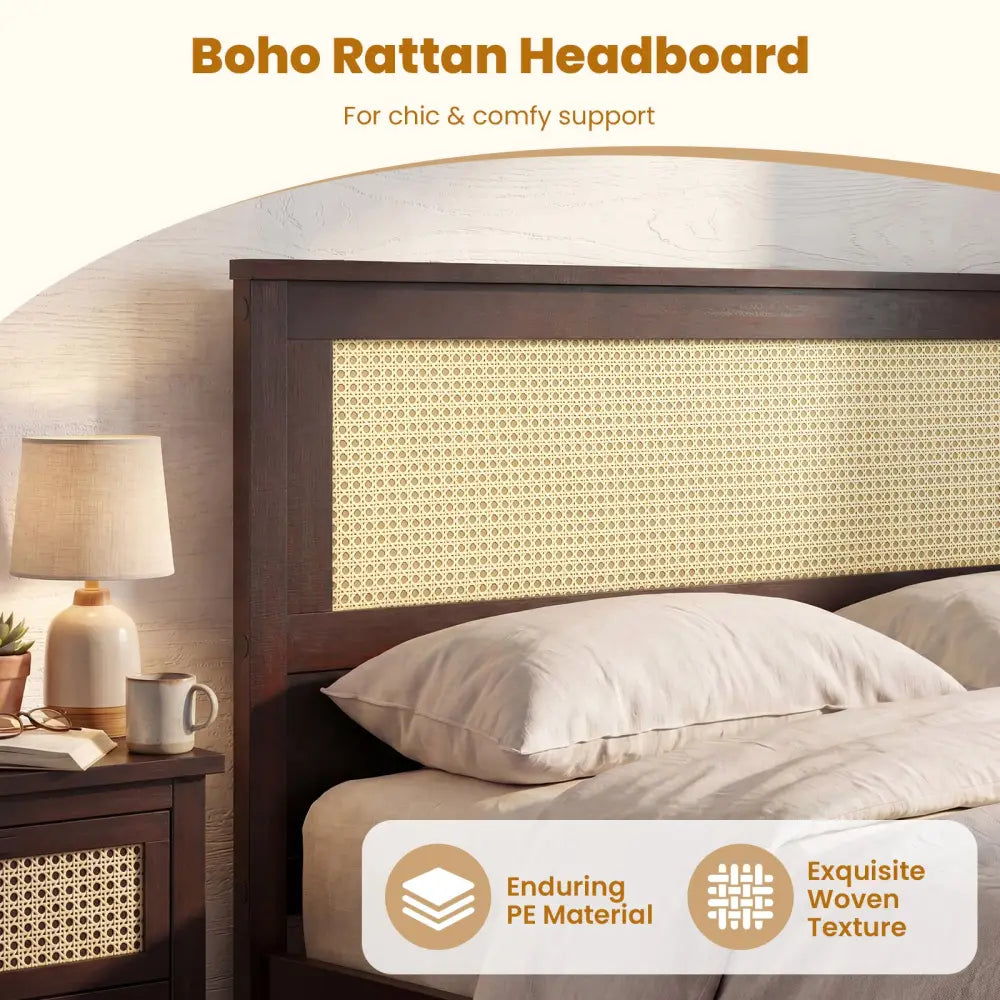 Full Size Rattan Bed Frame with Storage Drawers-Rustic Brown - Rustic Brown - Trundle Bed Frame