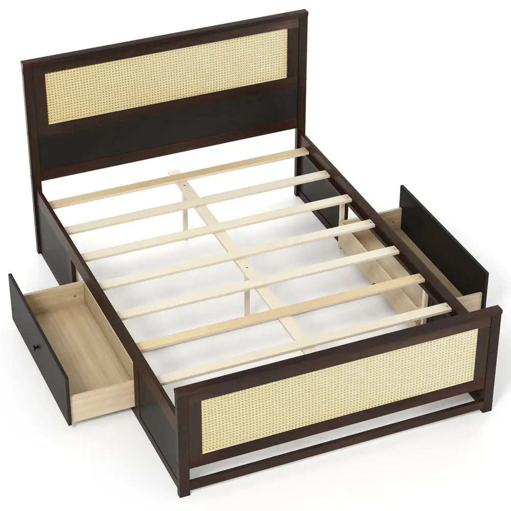 Full Size Rattan Bed Frame with Storage Drawers-Rustic Brown - Rustic Brown - Trundle Bed Frame