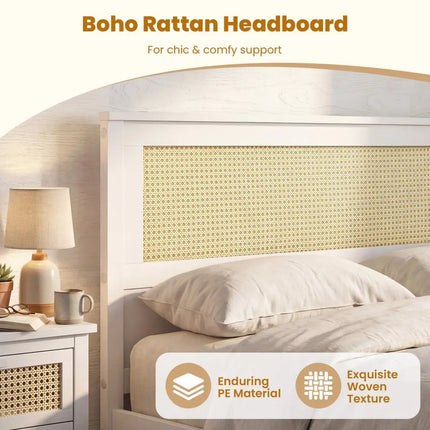Full Size Rattan Bed Frame with Storage Drawers-White - White - Trundle Bed Frame