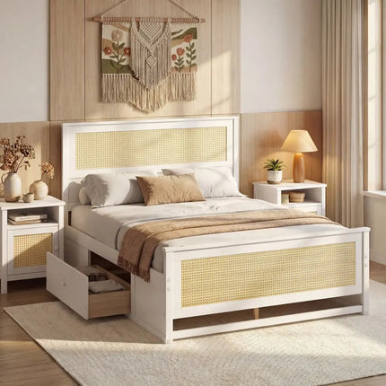 Full Size Rattan Bed Frame with Storage Drawers-White - White - Trundle Bed Frame