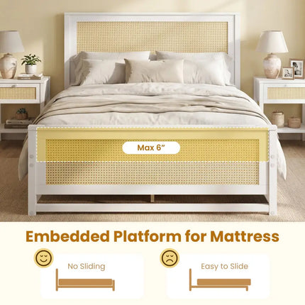 Full Size Rattan Bed Frame with Storage Drawers-White - White - Trundle Bed Frame