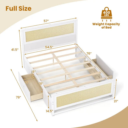 Full Size Rattan Bed Frame with Storage Drawers-White - White - Trundle Bed Frame