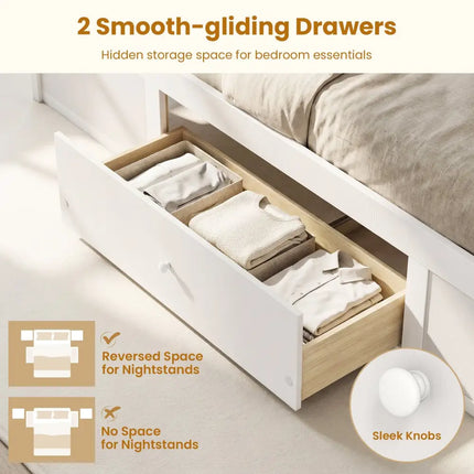 Full Size Rattan Bed Frame with Storage Drawers-White - White - Trundle Bed Frame