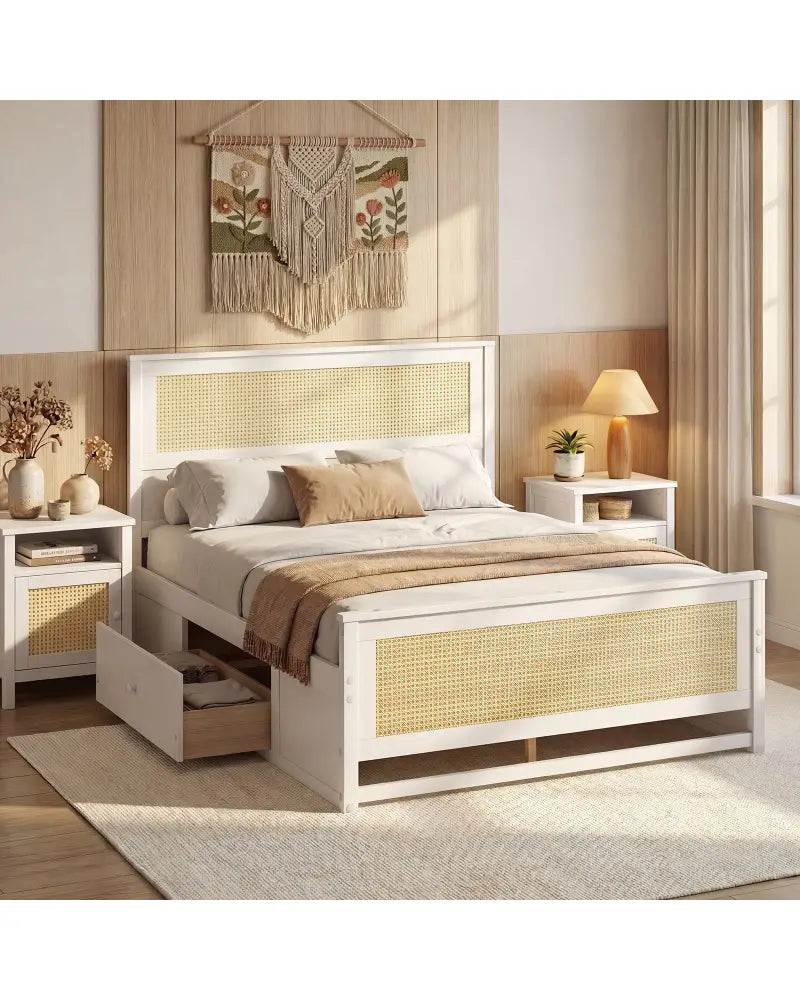 Full Size Rattan Bed Frame with Storage Drawers-White - White - Trundle Bed Frame