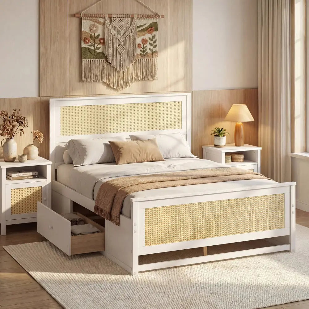 Full Size Rattan Bed Frame with Storage Drawers-White - White - Trundle Bed Frame