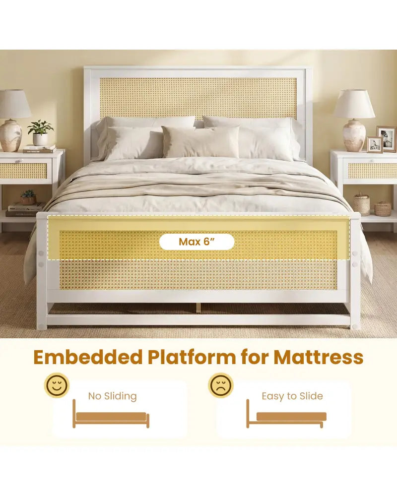 Full Size Rattan Bed Frame with Storage Drawers-White - White - Trundle Bed Frame