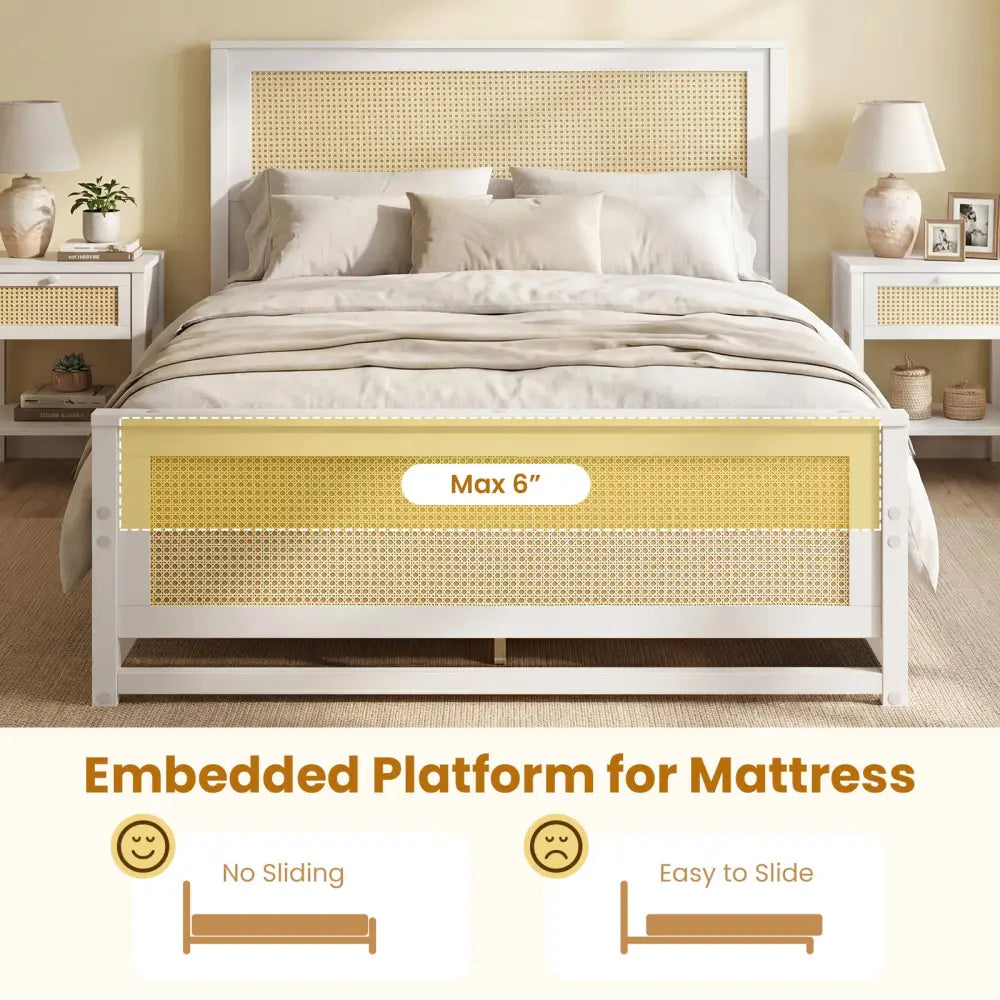 Full Size Rattan Bed Frame with Storage Drawers-White - White - Trundle Bed Frame