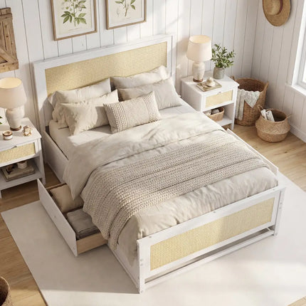 Full Size Rattan Bed Frame with Storage Drawers-White - White - Trundle Bed Frame