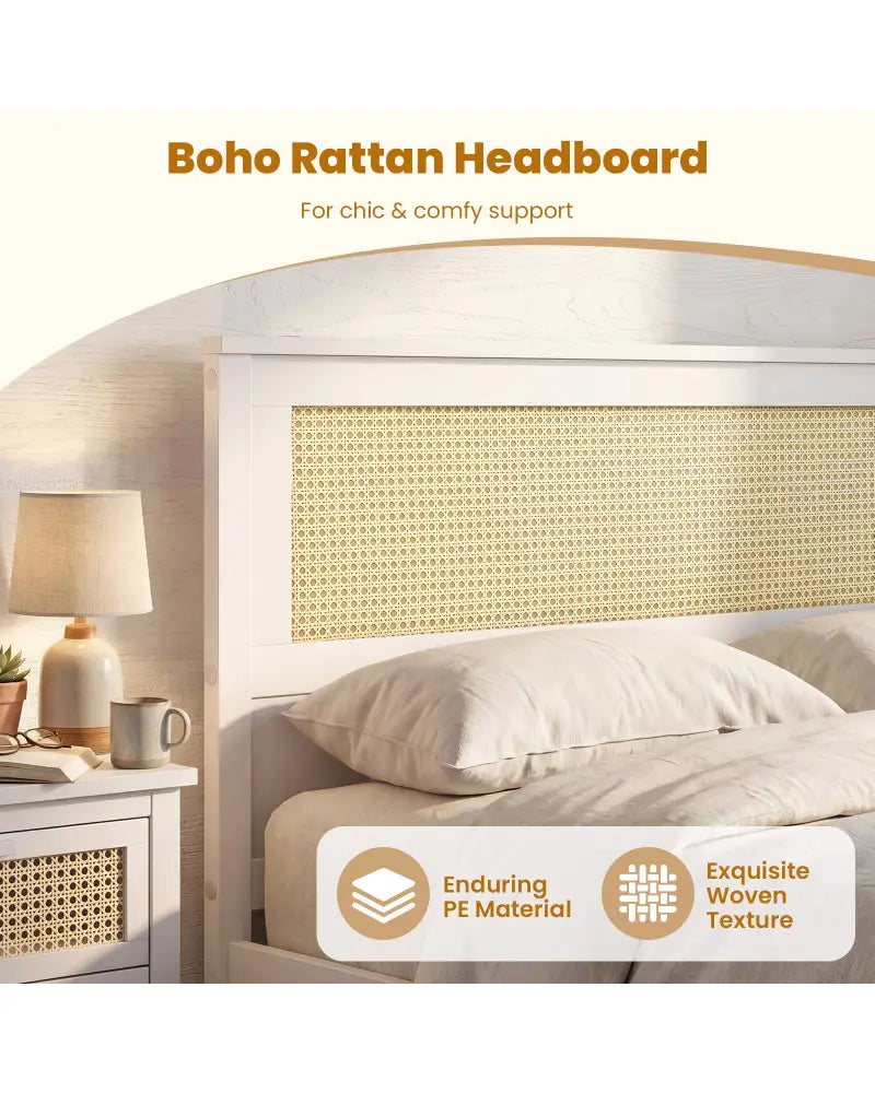 Full Size Rattan Bed Frame with Storage Drawers-White - White - Trundle Bed Frame