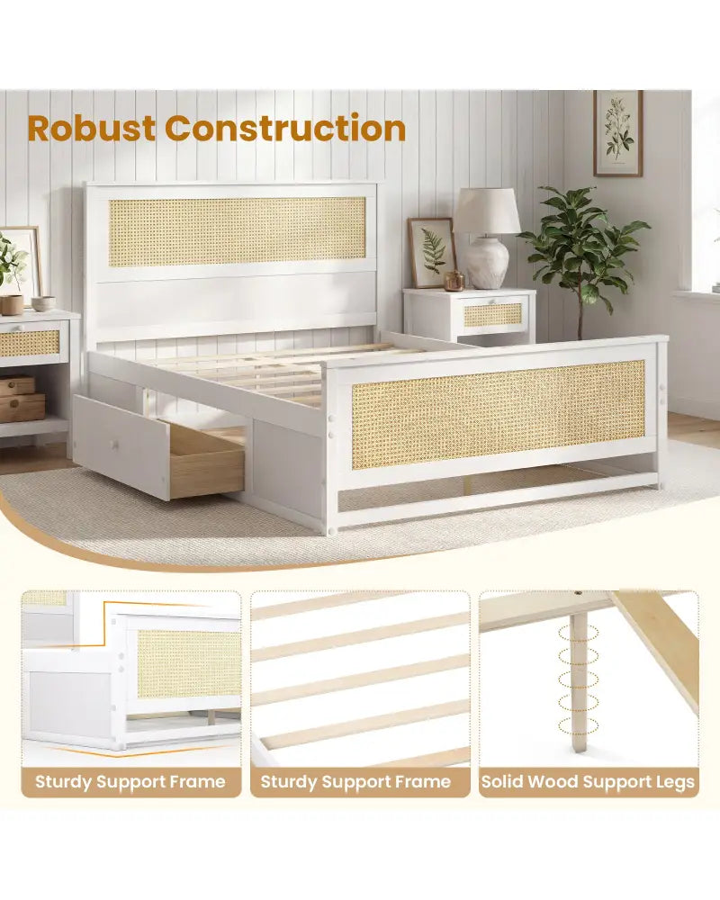 Full Size Rattan Bed Frame with Storage Drawers-White - White - Trundle Bed Frame