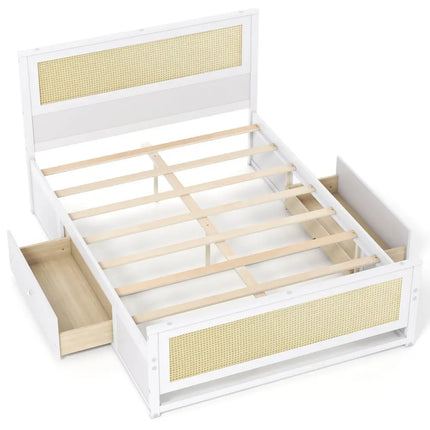 Full Size Rattan Bed Frame with Storage Drawers-White - White - Trundle Bed Frame