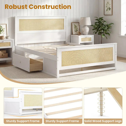 Full Size Rattan Bed Frame with Storage Drawers-White - White - Trundle Bed Frame