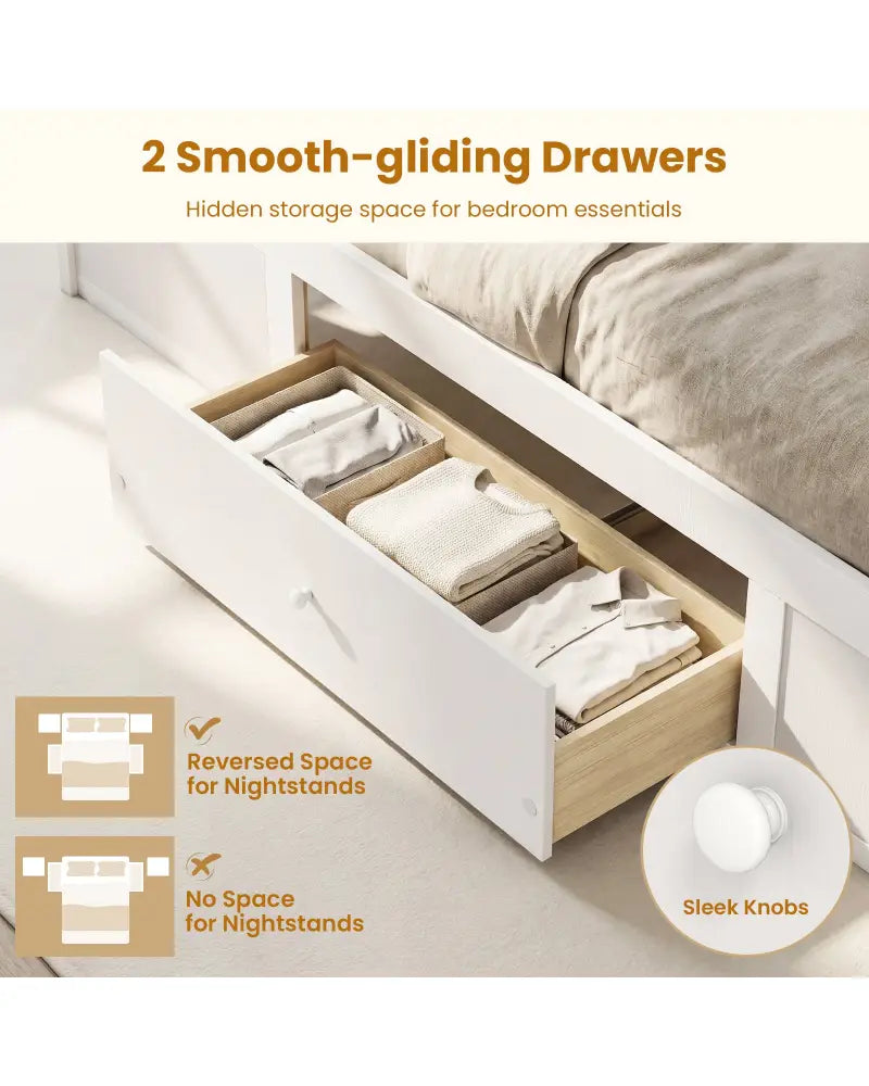 Full Size Rattan Bed Frame with Storage Drawers-White - White - Trundle Bed Frame
