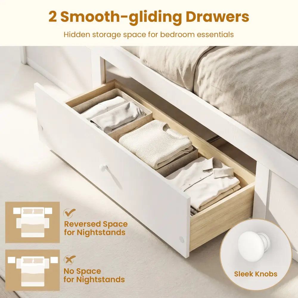 Full Size Rattan Bed Frame with Storage Drawers-White - White - Trundle Bed Frame