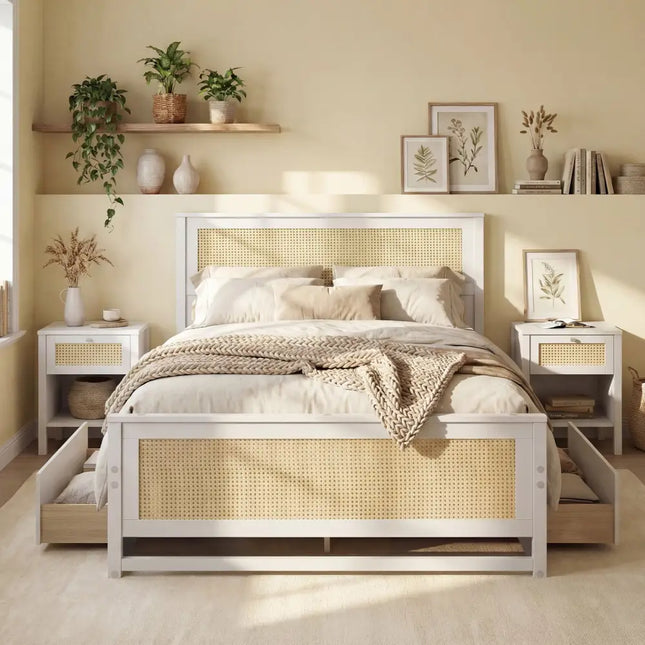 Full Size Rattan Bed Frame with Storage Drawers-White - White - Trundle Bed Frame