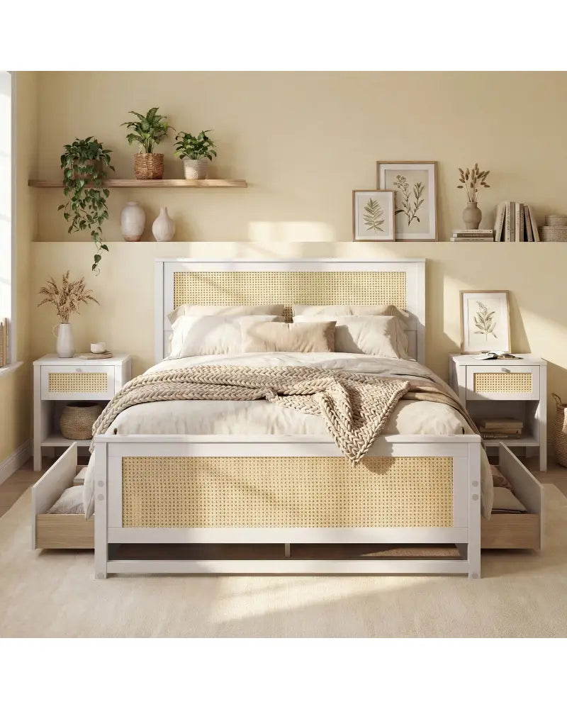 Full Size Rattan Bed Frame with Storage Drawers-White - White - Trundle Bed Frame