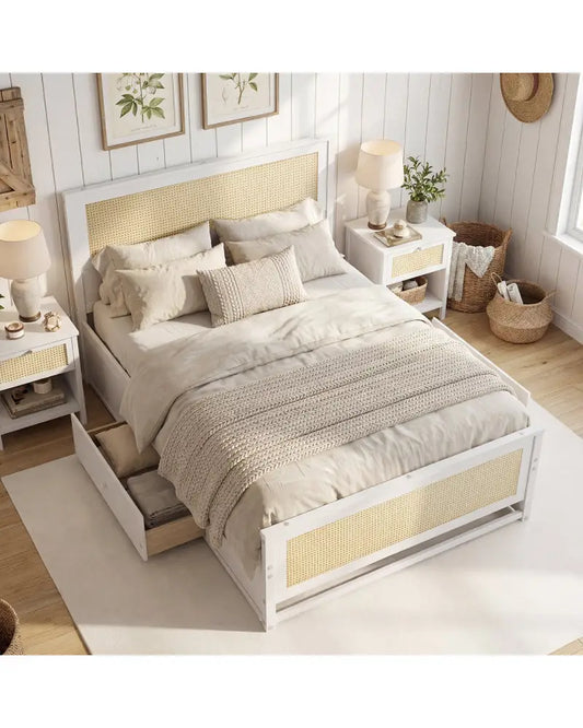 Full Size Rattan Bed Frame with Storage Drawers-White - White - Trundle Bed Frame