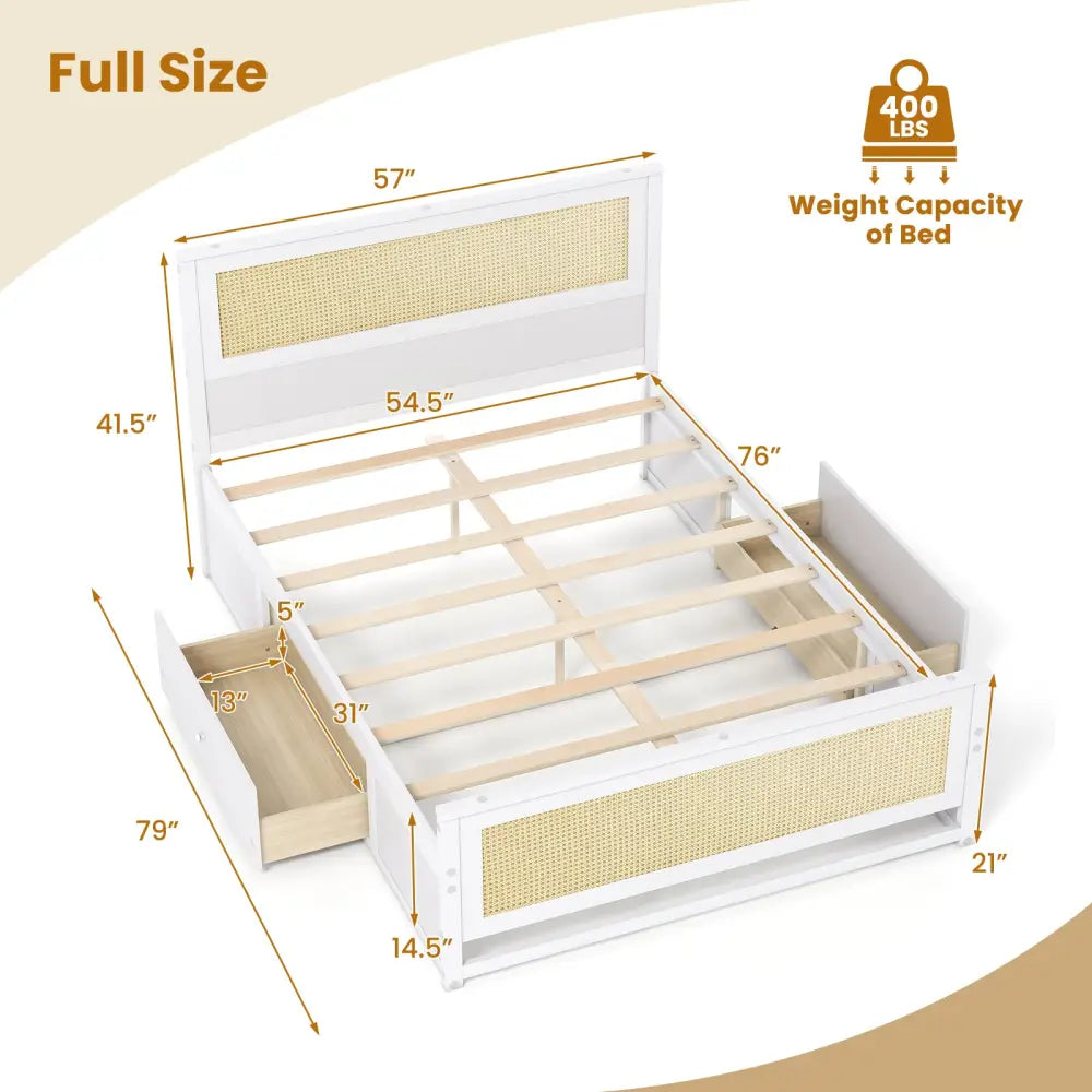 Full Size Rattan Bed Frame with Storage Drawers-White - White - Trundle Bed Frame