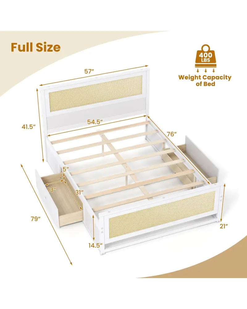 Full Size Rattan Bed Frame with Storage Drawers-White - White - Trundle Bed Frame