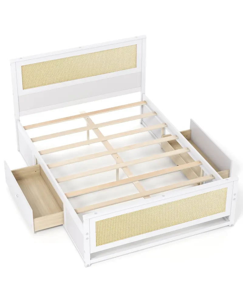 Full Size Rattan Bed Frame with Storage Drawers-White - White - Trundle Bed Frame