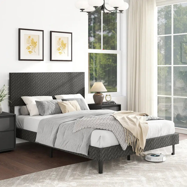 Modern bedroom with a bed, nightstands, and decorative elements.